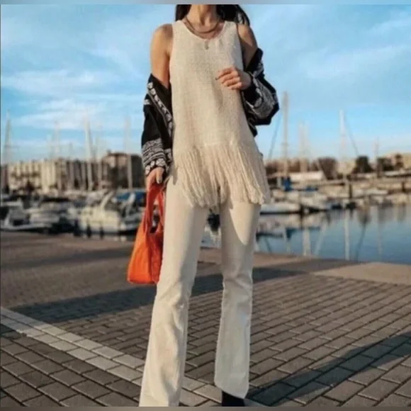 ZARA Ecru Cream Fringed Textured Weave Sleeveless Top Size XL Music Festival - Picture 1 of 12